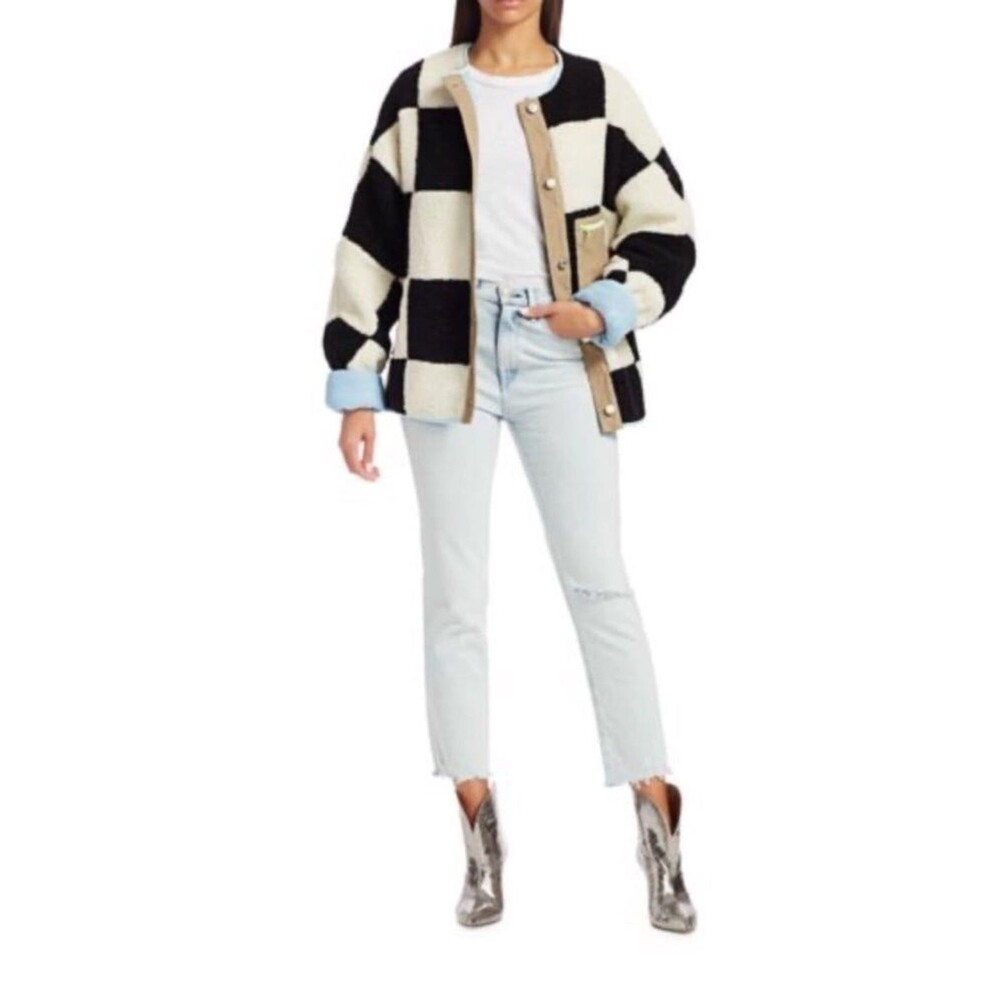Womens Sandy Liang Oversized Pawn Checkered Fleece Jacket Size S